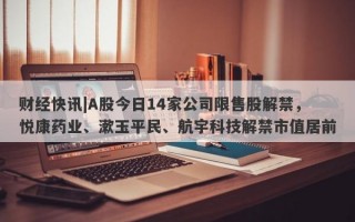 财经快讯|A股今日14家公司限售股解禁，悦康药业、漱玉平民、航宇科技解禁市值居前